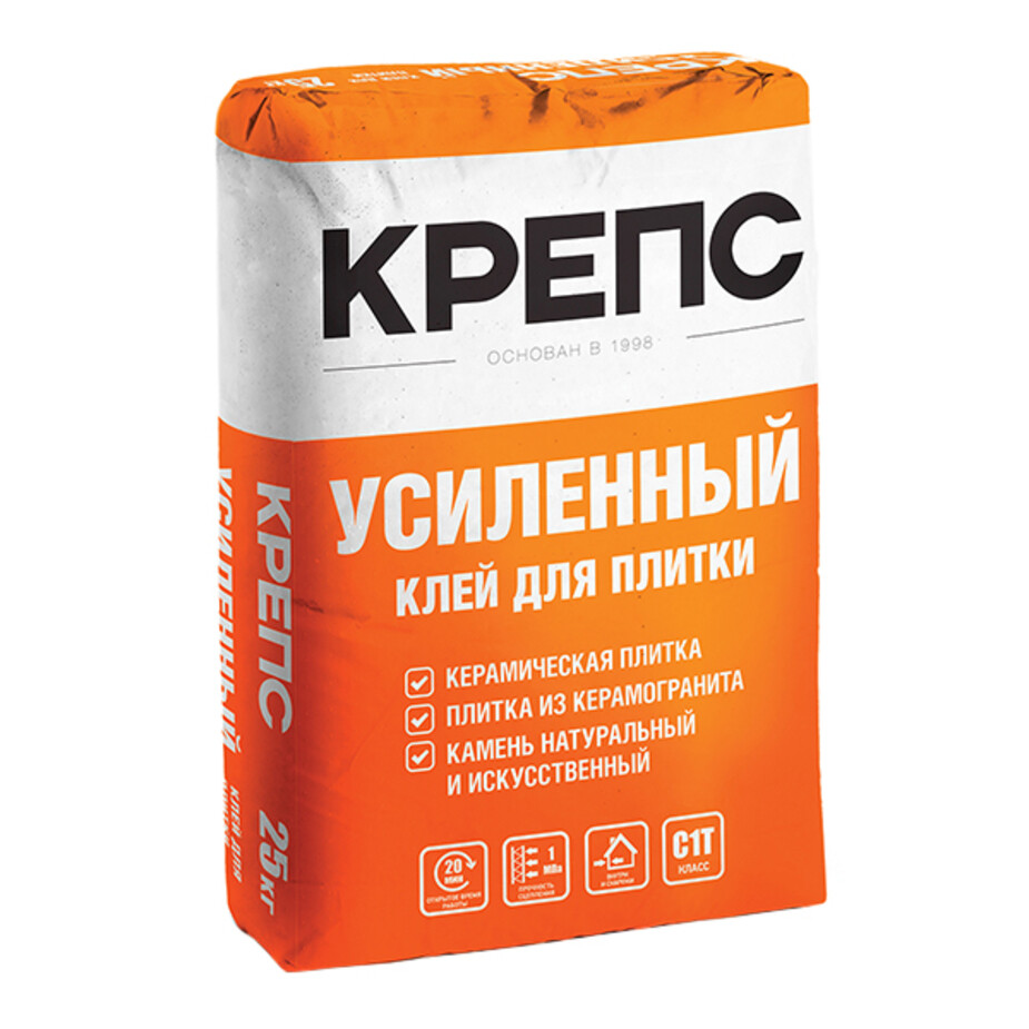 Клей для плитки/ керамогранита/ камня Крепс Усиленный серый класс С1 Т 25 кг фото 0