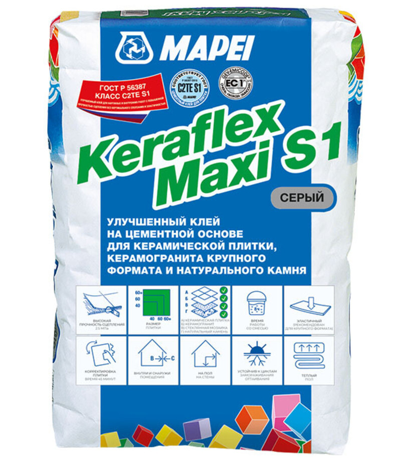 Клей для плитки/ керамогранита/ камня Mapei Keraflex Maxi S1 эластичный серый класс С2 ТЕ S1 25 кг фото 0