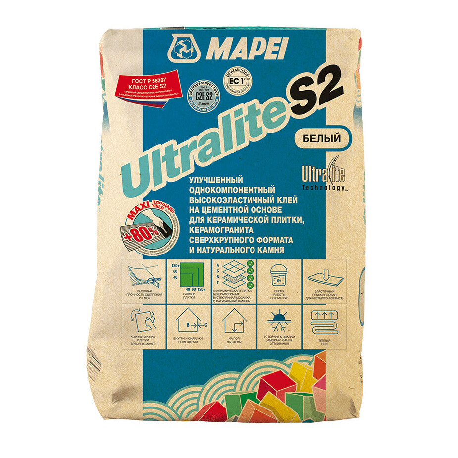 Клей для плитки/ керамогранита/ камня Mapei Ultralite S2 высокоэластичный универсальный белый класс C2 E S2 15 кг фото 0