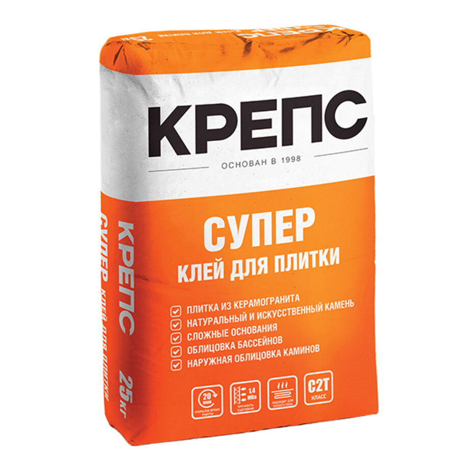 Клей для плитки/ керамогранита/ камня Крепс Супер серый класс С2 Т 25 кг фото 0